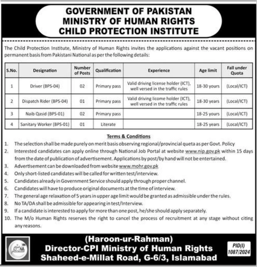 Ministry of Human Rights Seeking for Driver, Dispatch Rider, Naib Qasid & Others