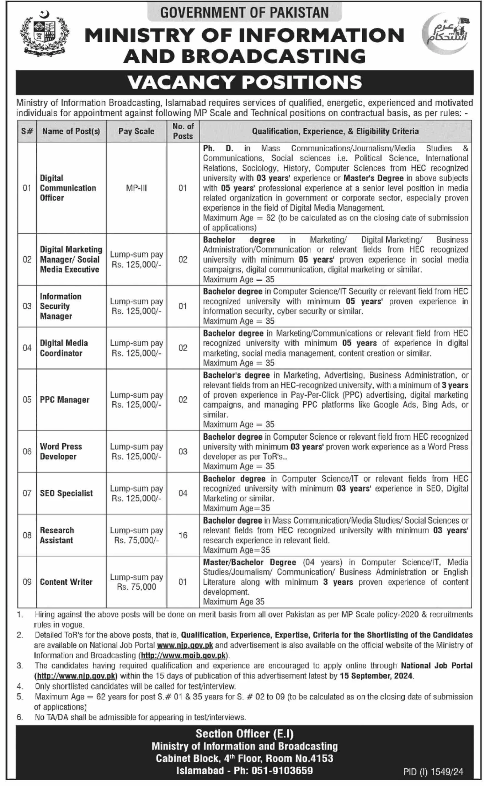 Ministry of Information And Broadcasting Jobs 2024 for Coordinator, Content Writer, PPC Manager, Research Assistant & Others