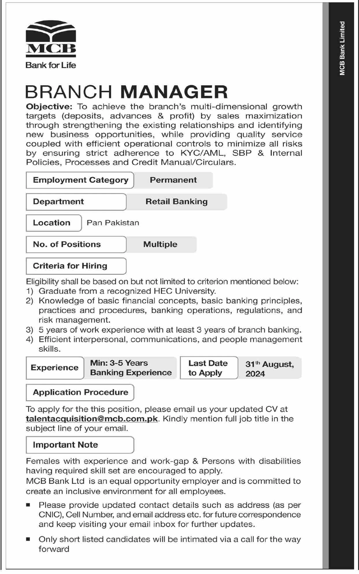 Branch Manager Post Job at Muslim Commercial Bank (MCB) Apply online