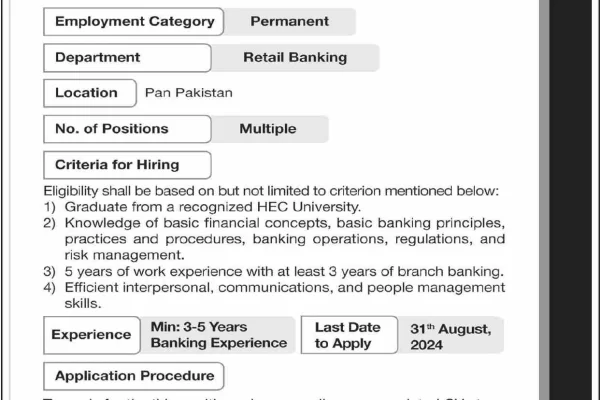 Muslim Commercial Bank (MCB) advertisement for the job of Branch Manager