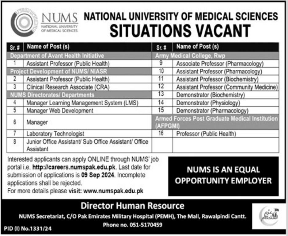 Multiple Jobs in National University of Medical Sciences latest Jogs