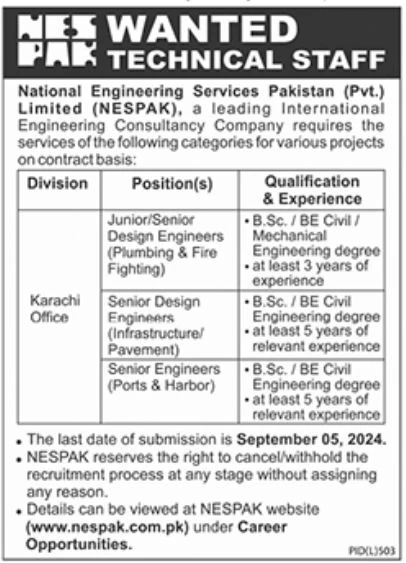 Engineer Jobs at the National Engineering Services Pakistan Limited (NESPAK)