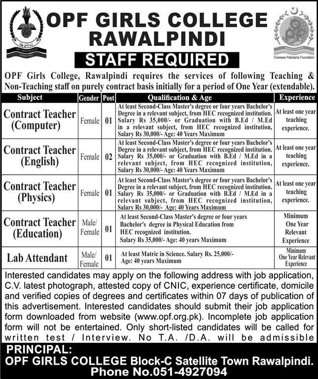 Teachers Jobs at OPF Girls College Rawalpindi