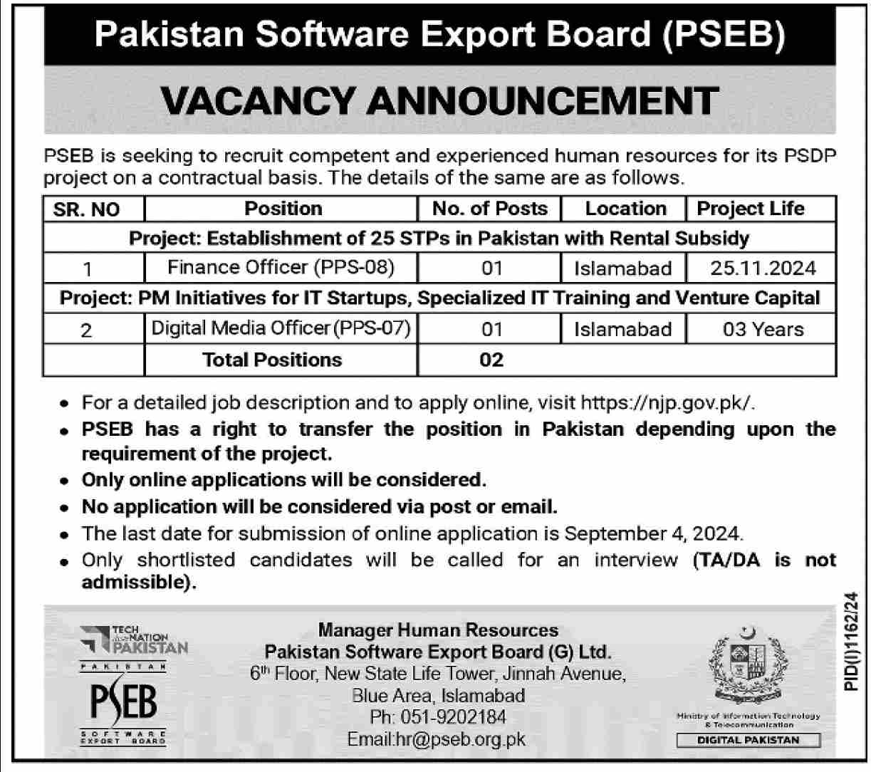 Pakistan Software Export Board Seeking for Finance & Digital Media Officer 