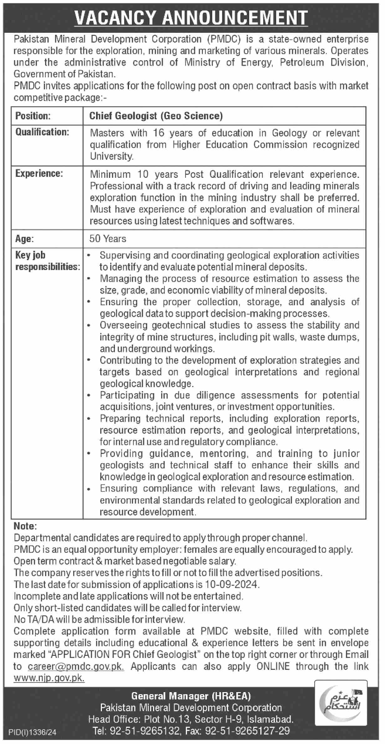 Pakistan Mineral Development Corporation is looking for Chief Geologist