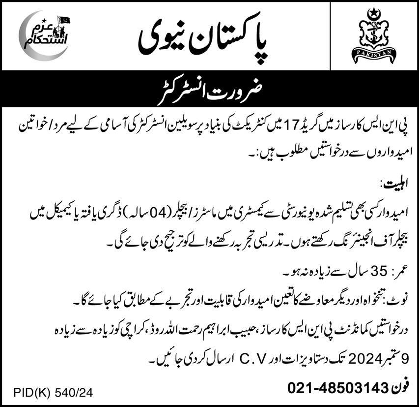 Pakistan Navy Looking for Civilian Instructor Latest Jobs