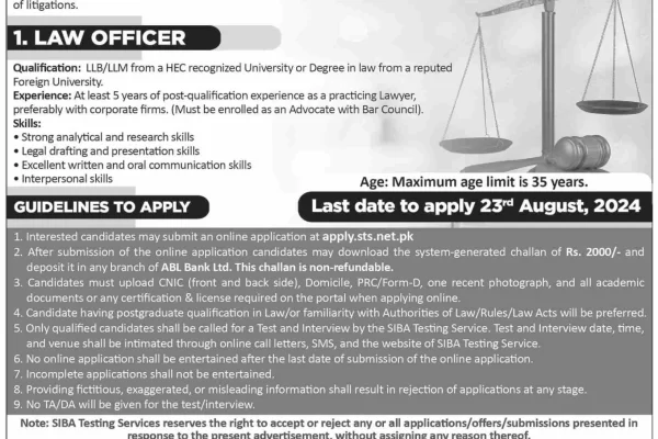 Siba Testing Services (STS) Jobs August 2024 for Law Professionals / Officers Apply Online