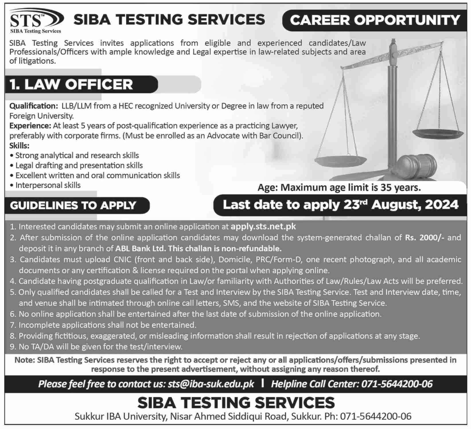 Siba Testing Services (STS) Jobs August 2024 for Law Professionals / Officers Apply Online