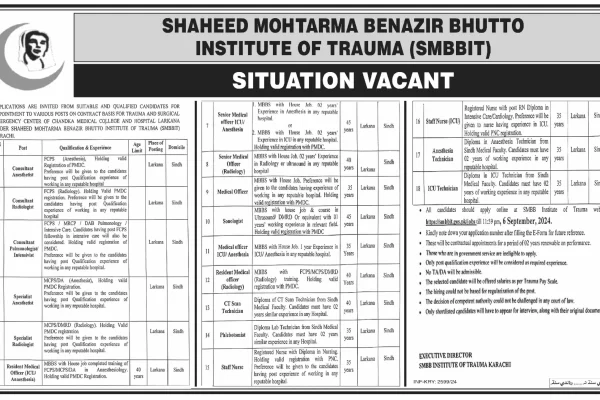 SMBBIT jobs August 2024 for ICU/Anesthesia. Radiology, Technician, Staff Nurse & many Others