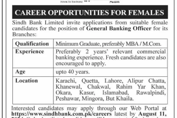 Sindh Bank Advertisement for the job of General Banking Officer