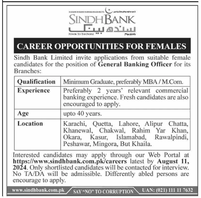 Sindh Bank Advertisement for the job of General Banking Officer