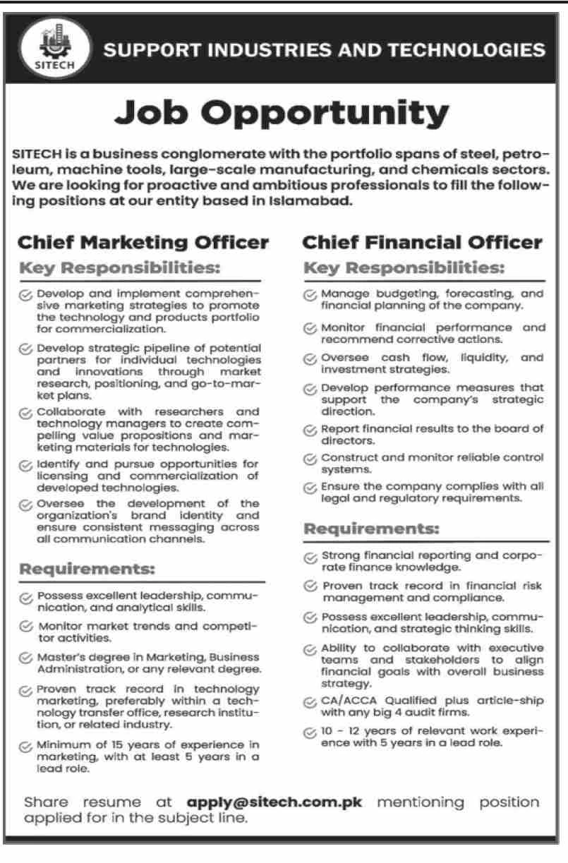 Support Industries And Technologies (SITECH) Jobs August 2024 for Chief Marketing Officer & Chief Financial Officer