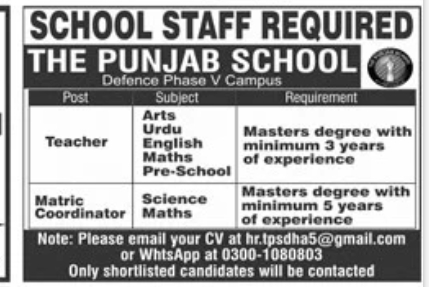 Teacher & Matric Coordinator Required for School Staff