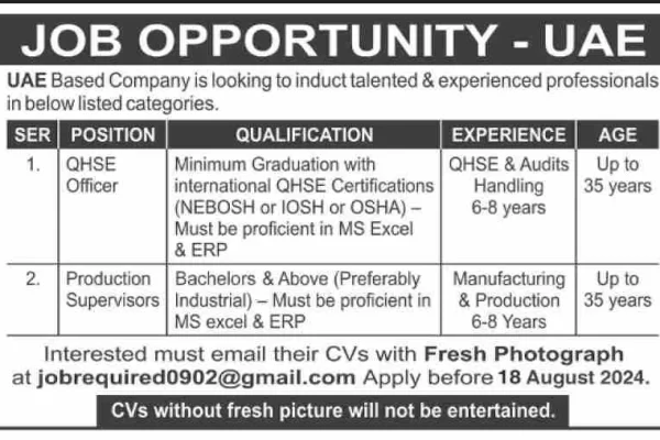 UAE Based Company Jobs 2024 for QHSE Officer & Production Supervisor