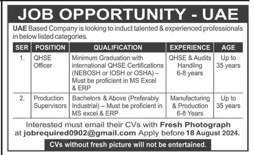 UAE Based Company Jobs 2024 for QHSE Officer & Production Supervisor