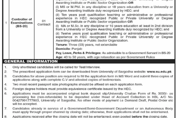 University of Sargodha Job August 2024 for Controller of Examination