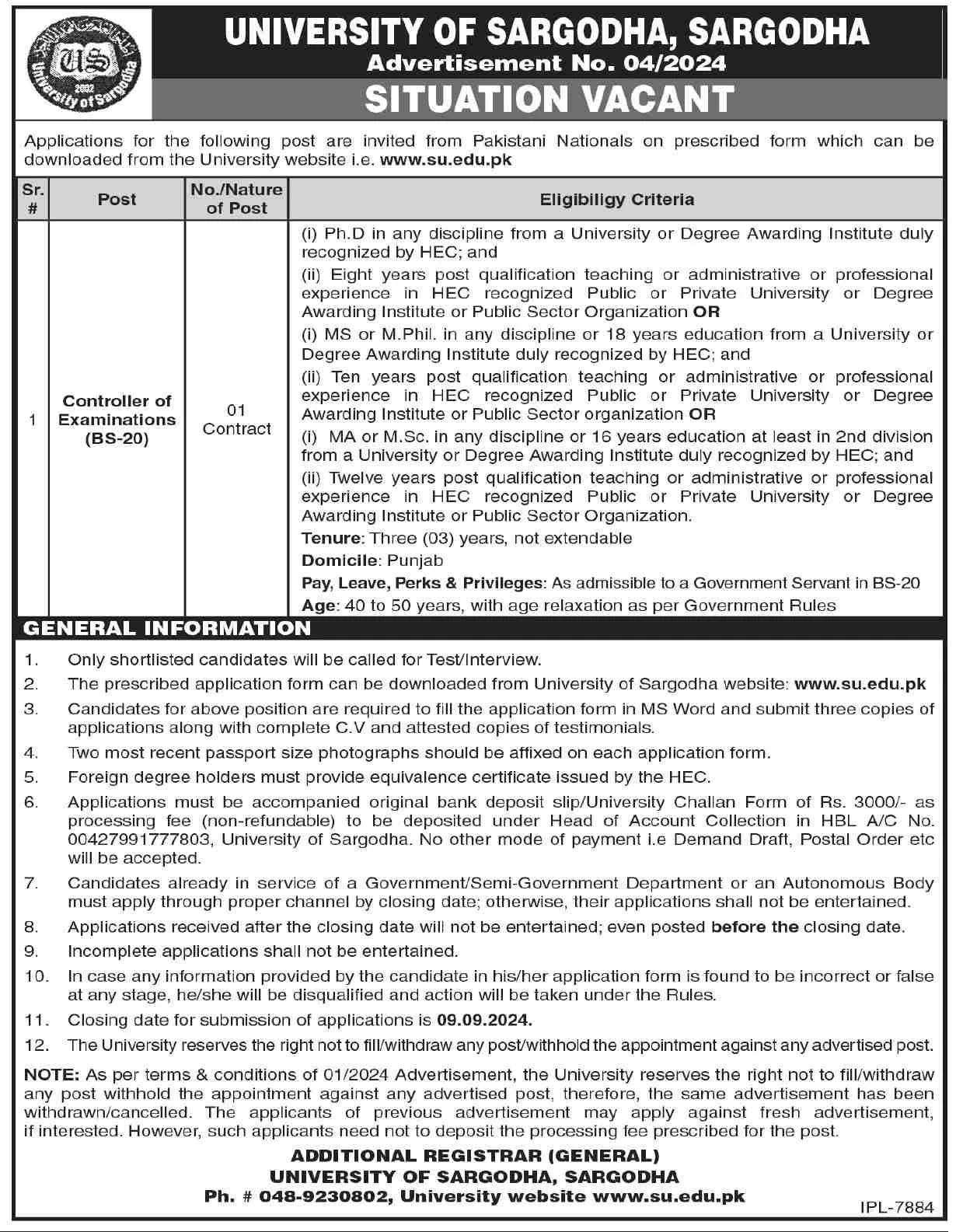 University of Sargodha Job August 2024 for Controller of Examination