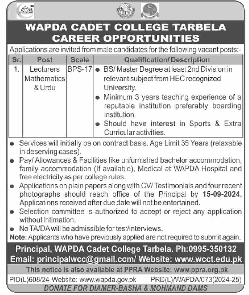 Lecturer Job August 2024 at Wapda Cadet College Tarbela