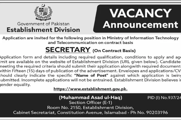 government of Pakistan Establishment Division Secretary Job