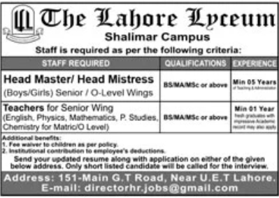 Head Master/Mistress & Teachers Jobs at The Lahore Lyceum 