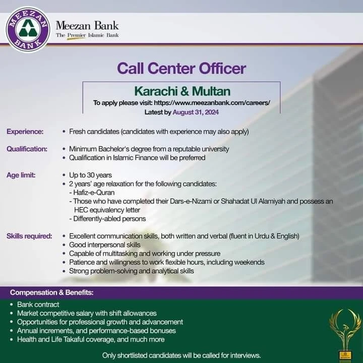 Meezan Bank Jobs August 2024 Apply Online for Call Center Officer