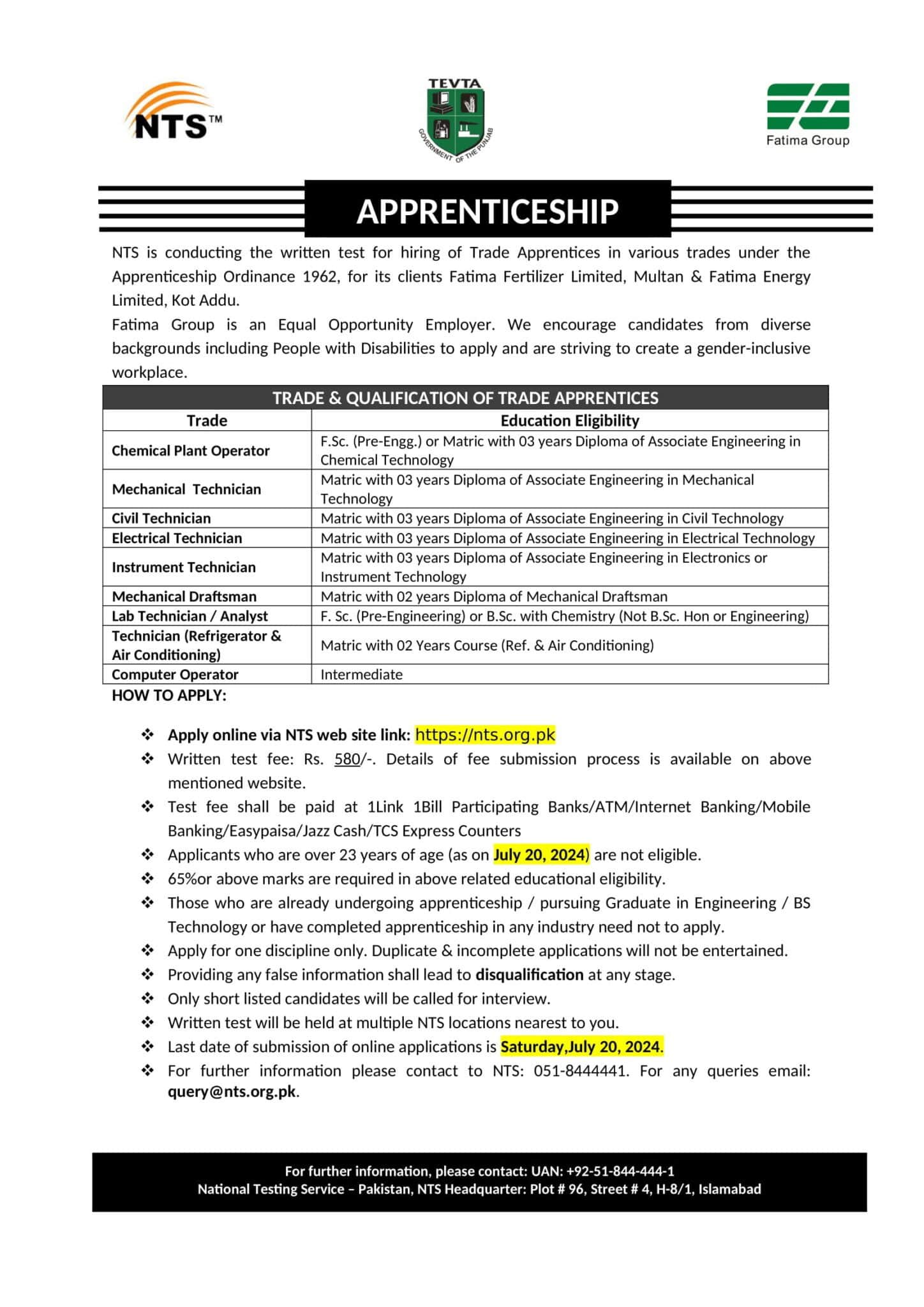 Multiple Trade Apprenticeship Opportunity at Fatima Fertilizer