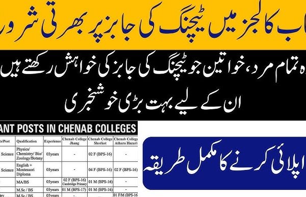 Teachers, Lab Assistant, Maintenance Supervisor & Other Jobs at Chenab College