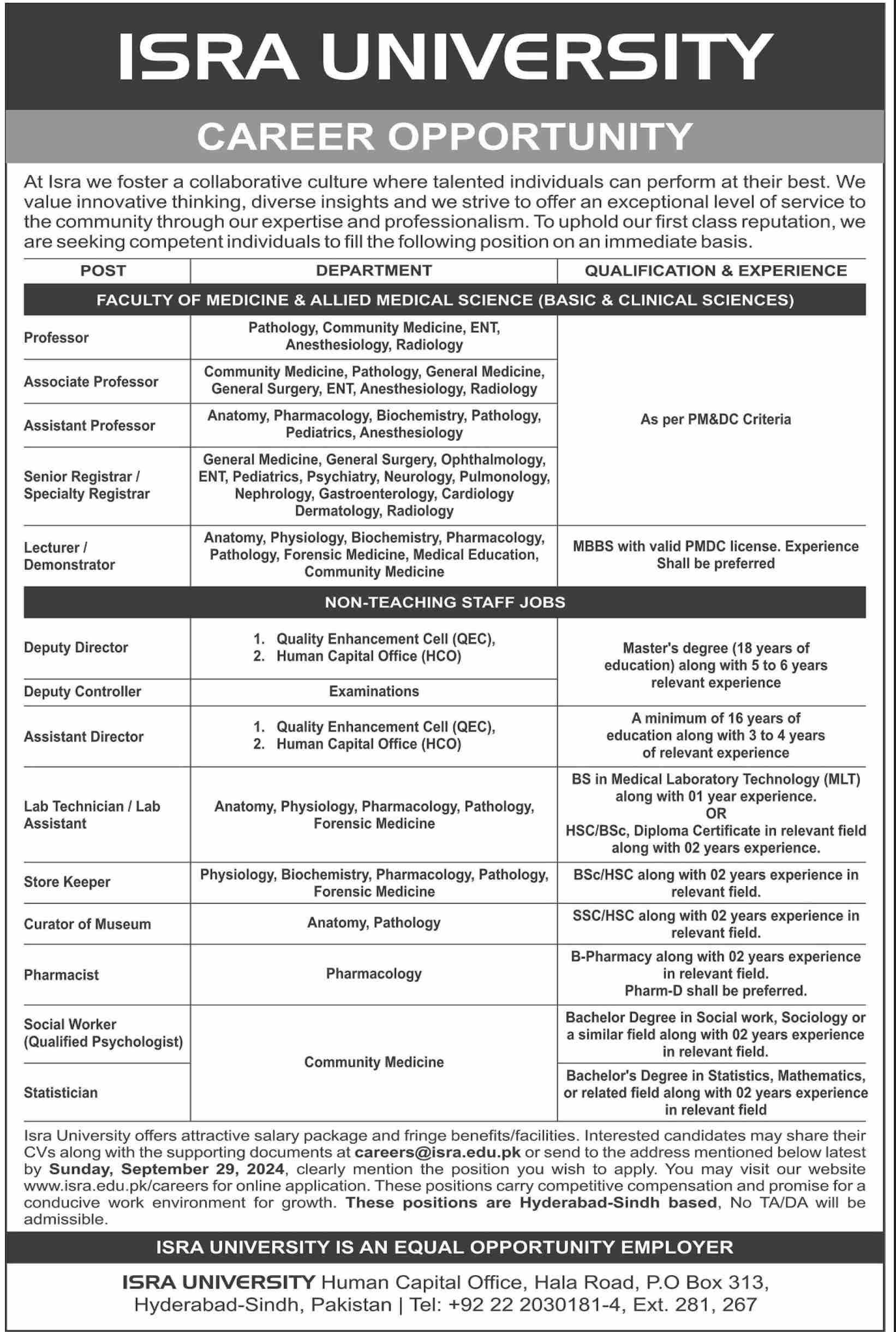 Teaching, Non-Teaching Job Opportunities in Multiple Facuties at ISRA University