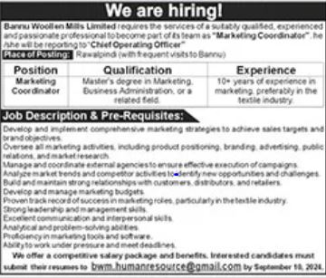 Marketing Coordinator required at Bannu Woollen Mills Limited Latest Jobs