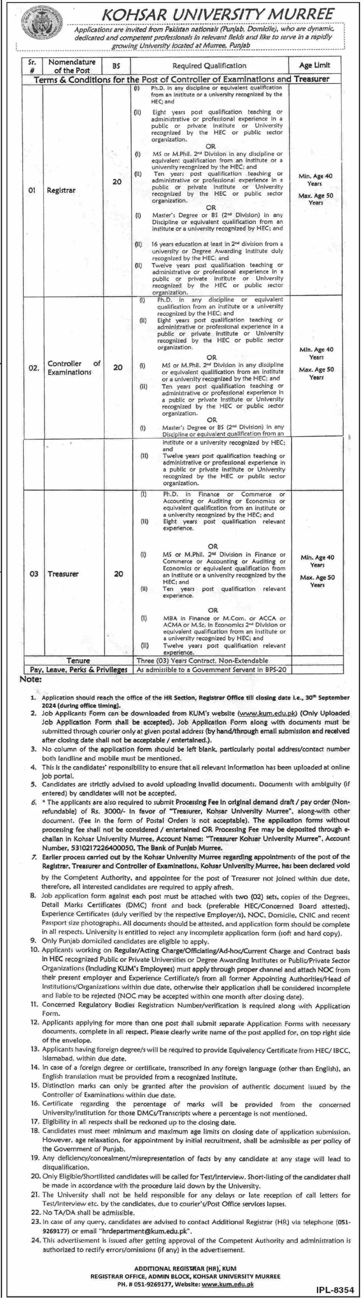 Treasure, Controller Examination and Other Job Positions at Kohsar University