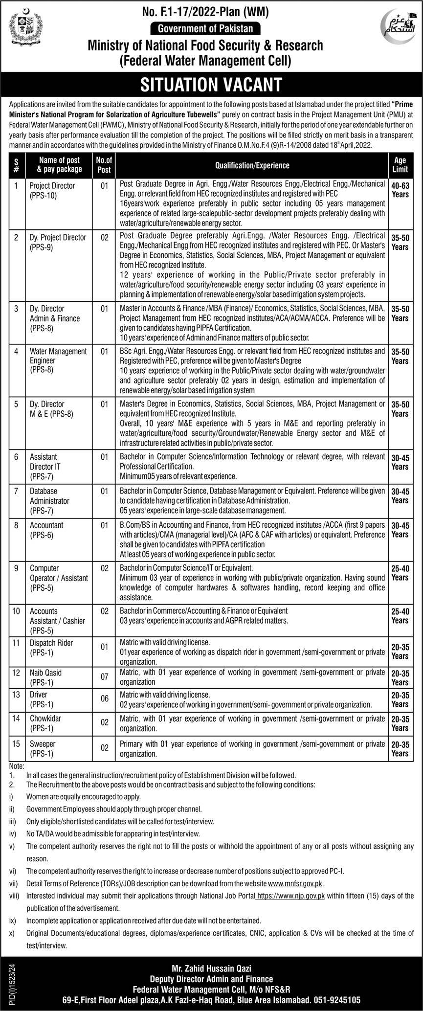 Director, Accountant, Computer Operator, Naib Qasid & Many Other Jobs at Ministry of National Food Security & Research