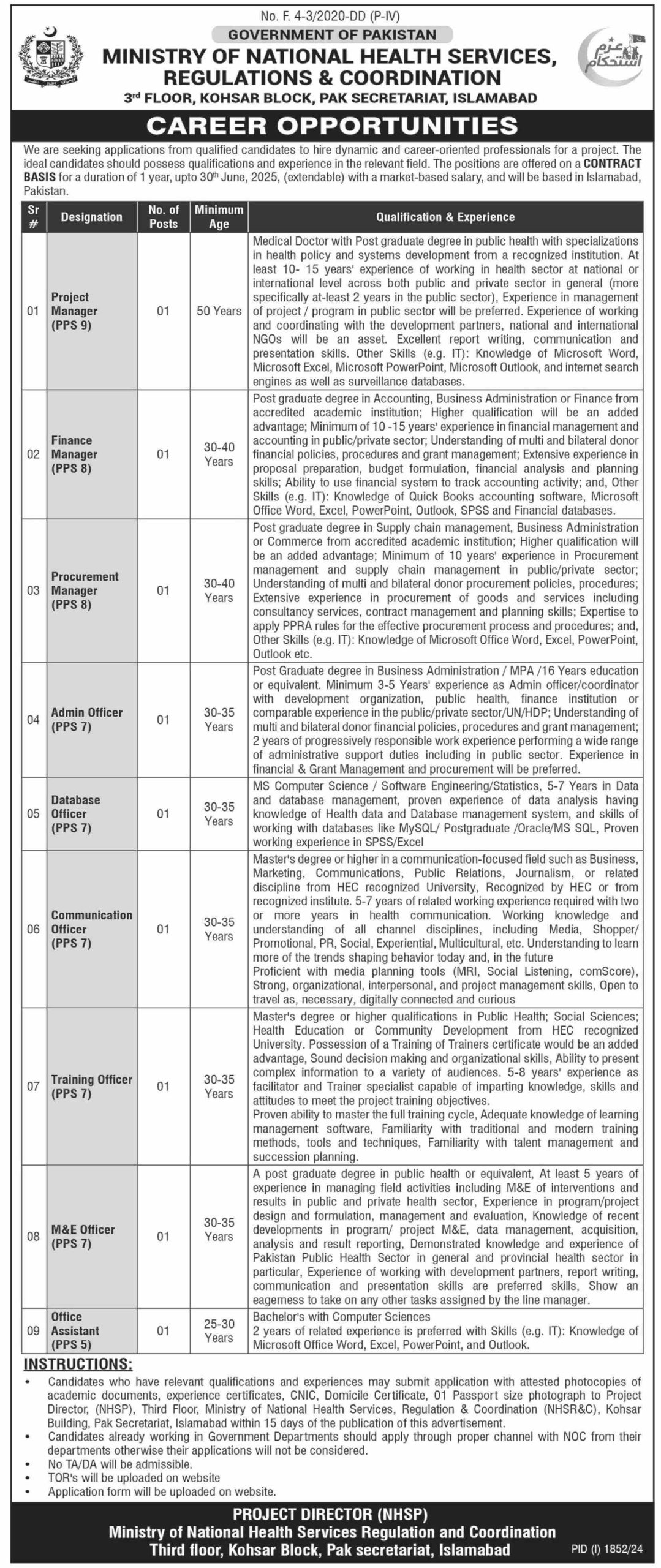 Ministry of National Health Services, Regulation & Coordination Multiple Jobs