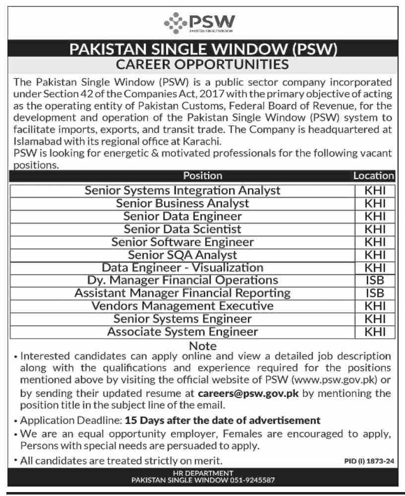 Pakistan Single Window announce Multiple Job Opportunities