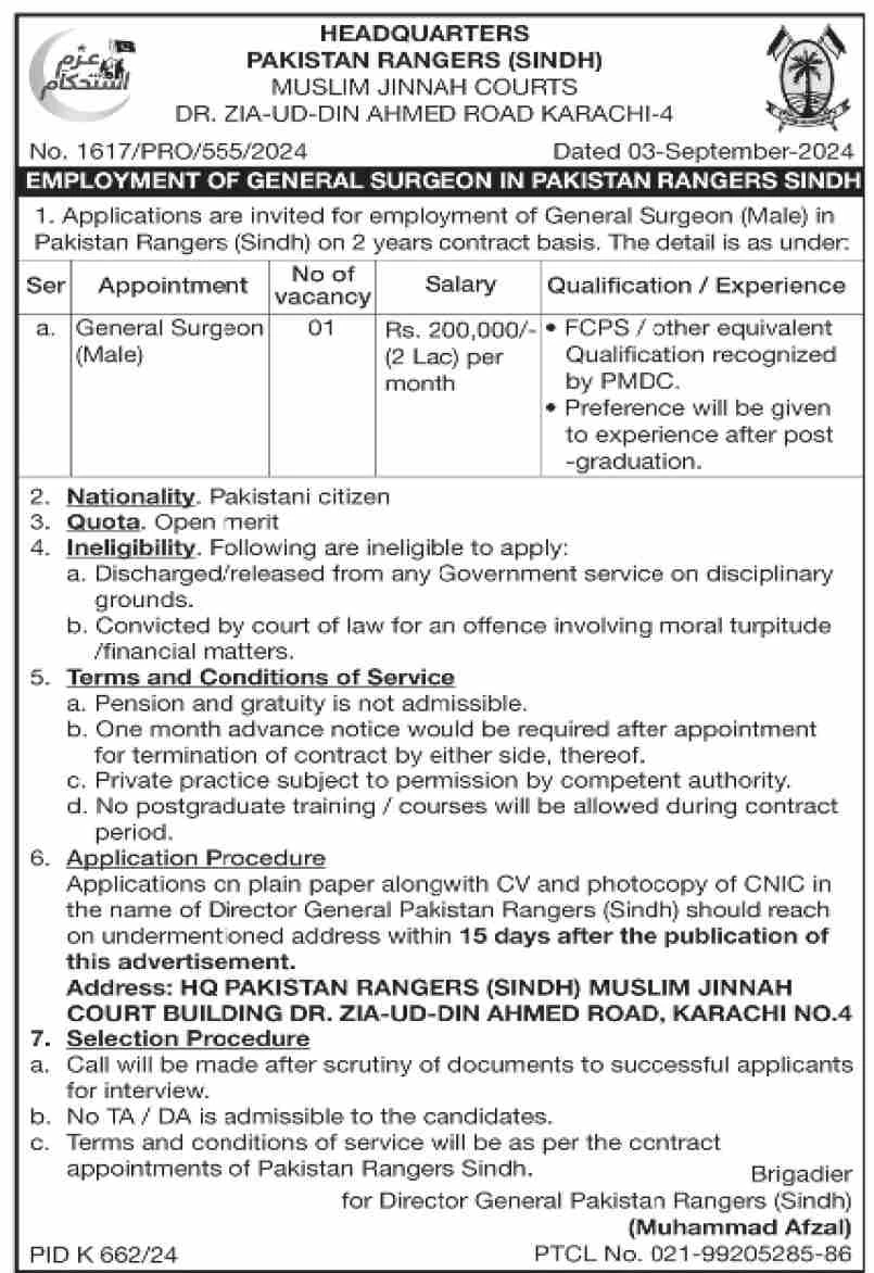 Headquaters Pakistan Rangers (Sindh) Jobs August 2024 for General Surgeon