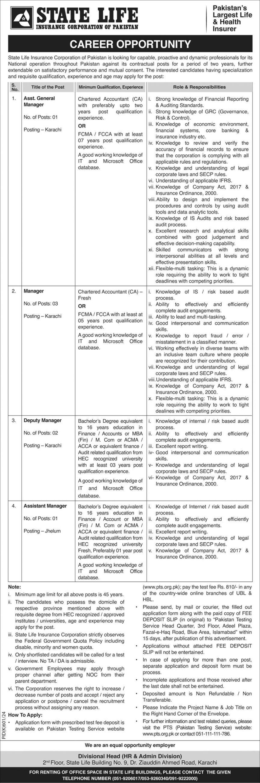 Multiple Job Openings at the State Life Insurance Corporation of Pakistan