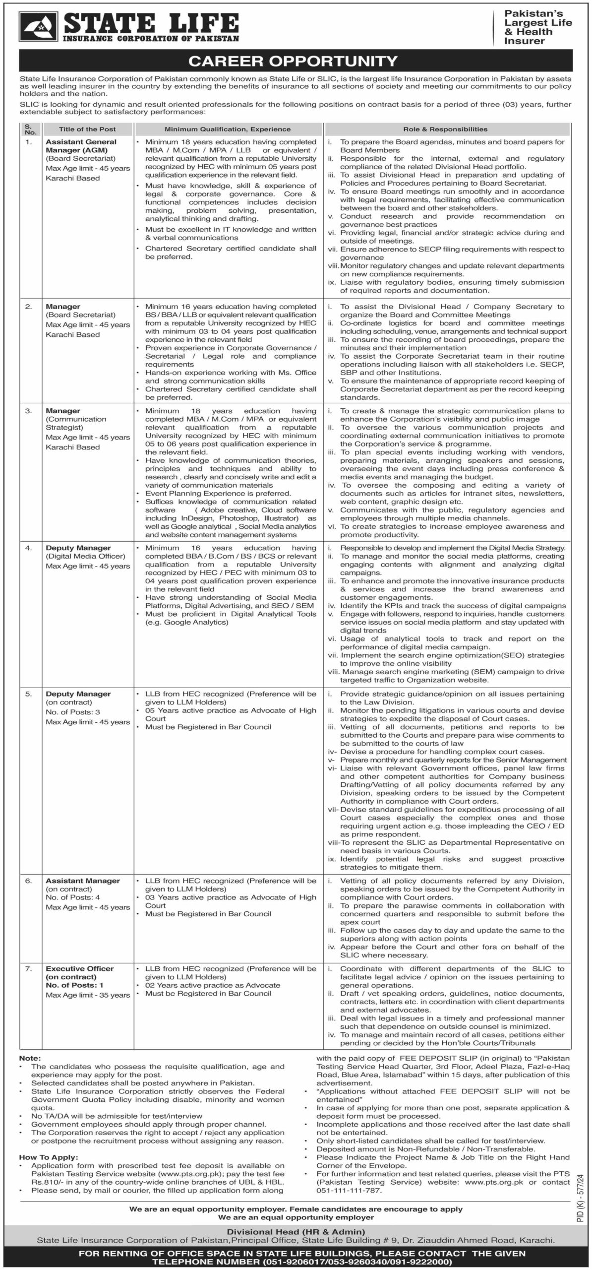 Multiple Job Openings at the State Life Insurance Corporation of Pakistan