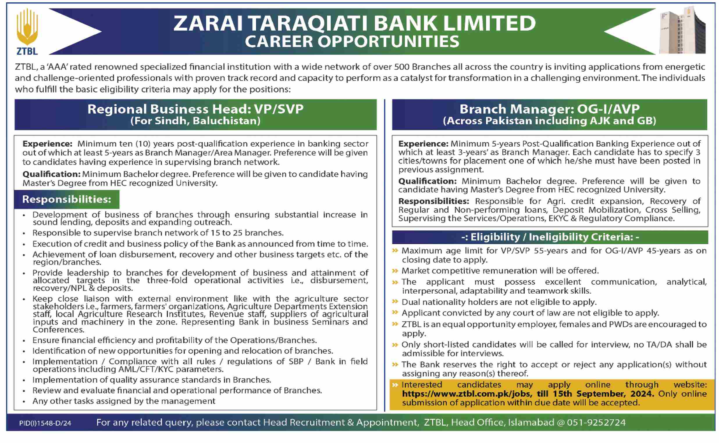 Career Opportunity at Zarai Taraqiati Bank Limited Latest Jobs