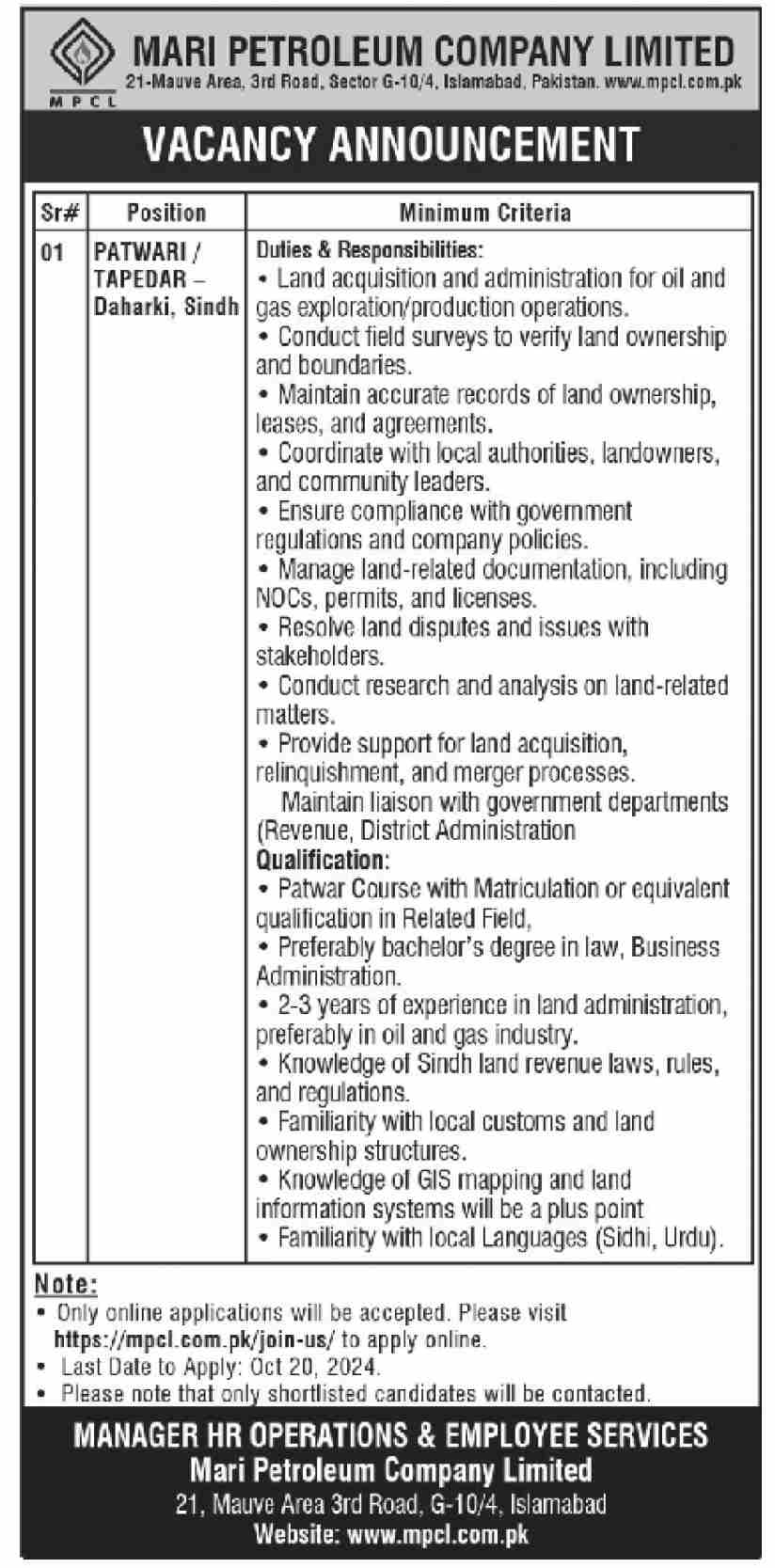 Patwari Job Post opens by Mari Petroleum Company Limited