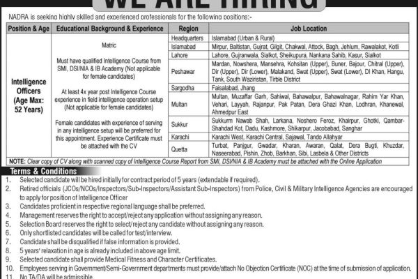 Intelligence Officers Jobs in NADRA Latest opportunities October 2024