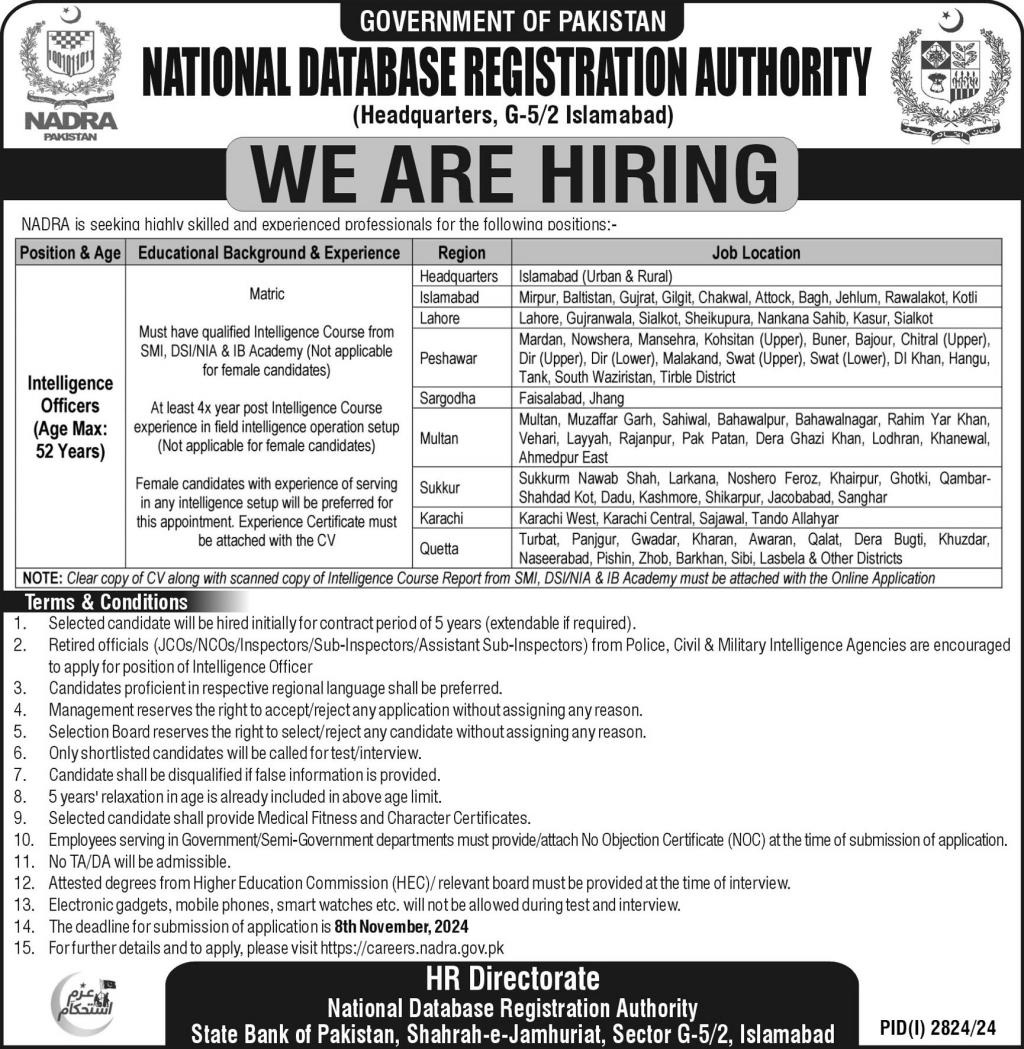 Intelligence Officers Jobs in NADRA Latest opportunities October 2024