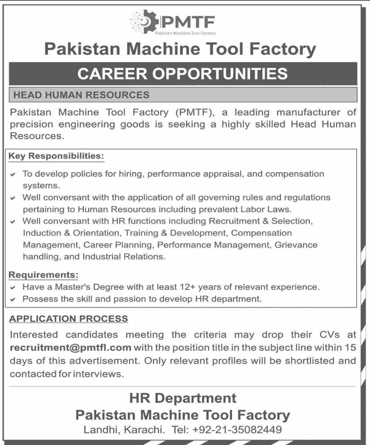 Pakistan Machine Tool Factory is Hiring for Their HR Latest Jobs