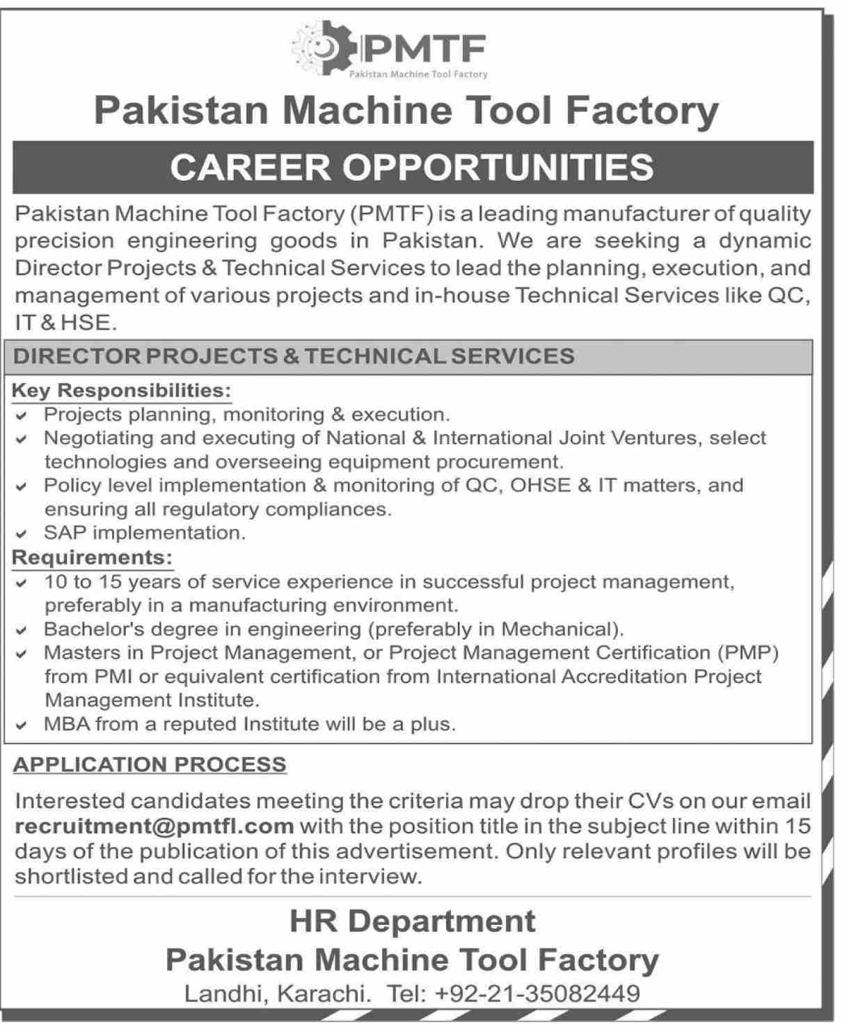 Projects & Technical Services Department Senior Position at Pakistan Machine Tool Factory