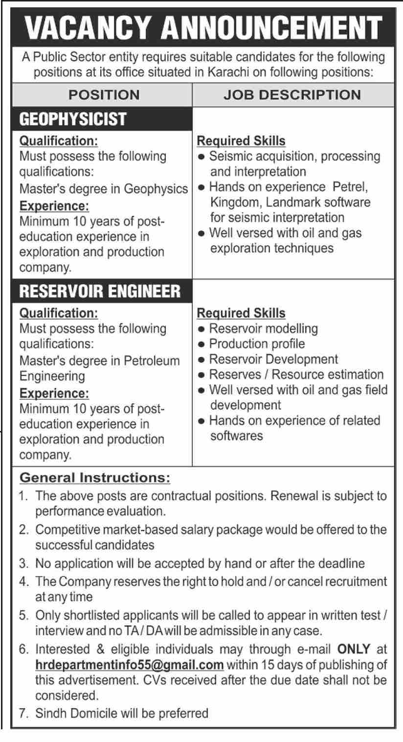 A Public Sector is hiring for the Reservoir Engineer & Geophysicist