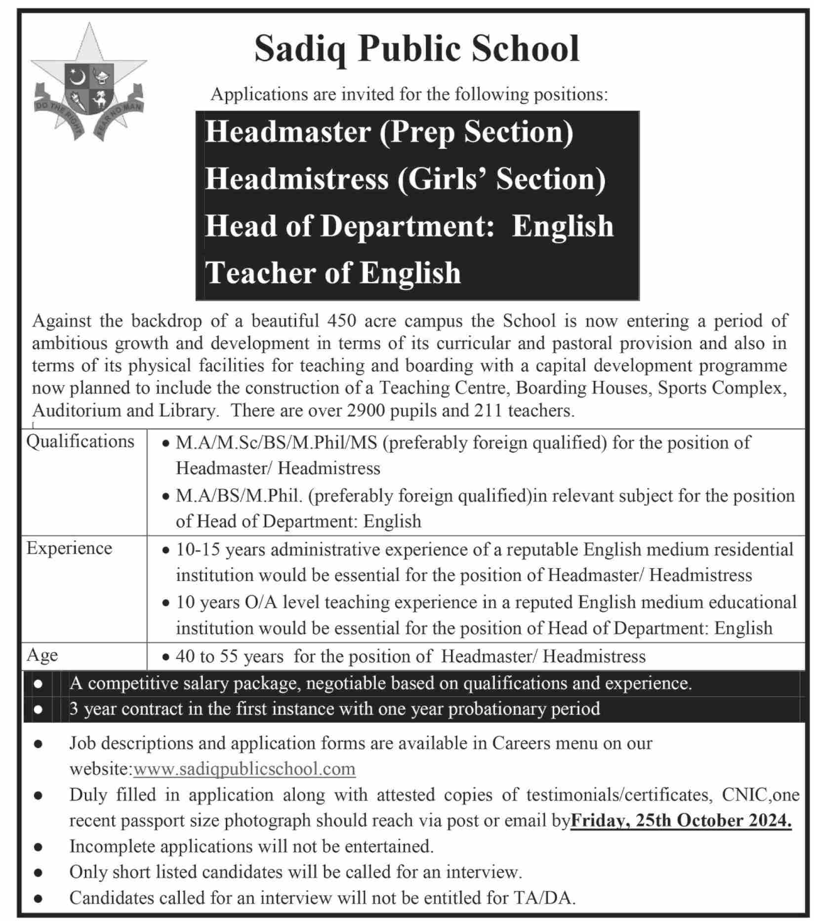 Head Master/Mistress & Teacher Jobs at Sadiq Public School Latest Jobs