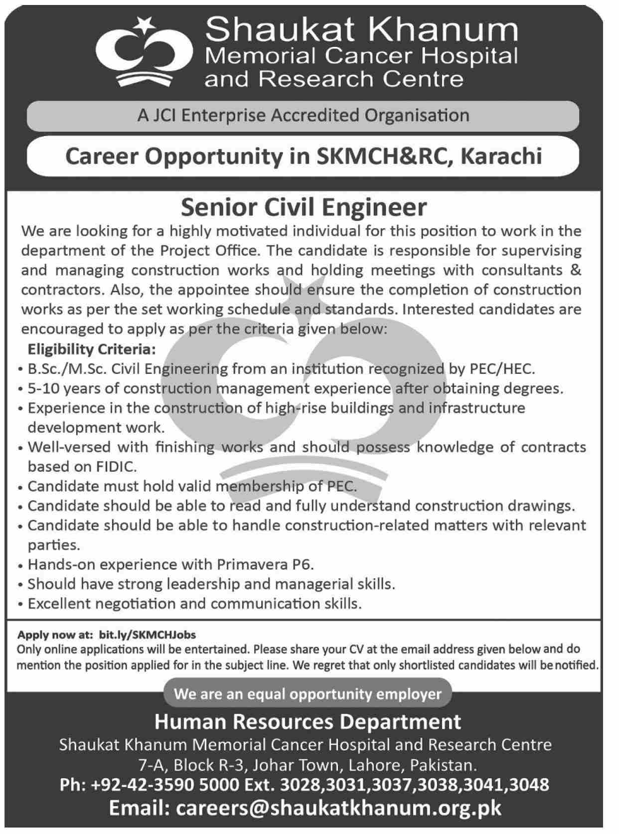 Shoukat Khanum is Hiring for the Senior Civil Engineer