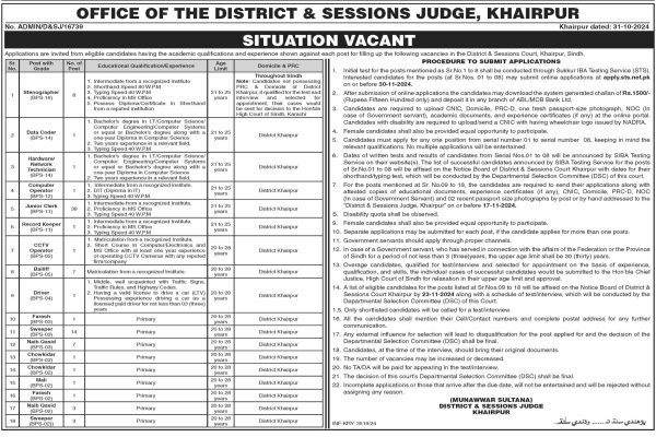 Junior Clerk, Computer Operator, Driver & Many other Jobs at Office of District and Session Judge