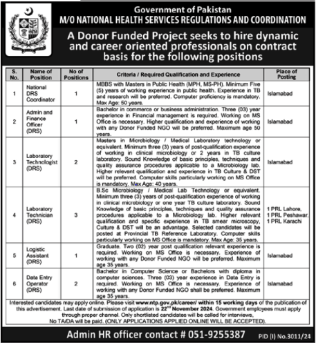 Admin Officer, Data Entry Operator, Laboratory Technician & Others Jobs at National Health Services Regulation and Coordination