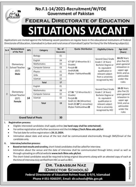 Elementary School Teacher (Male/Female) job Opportunity at Educational Institute of Federal