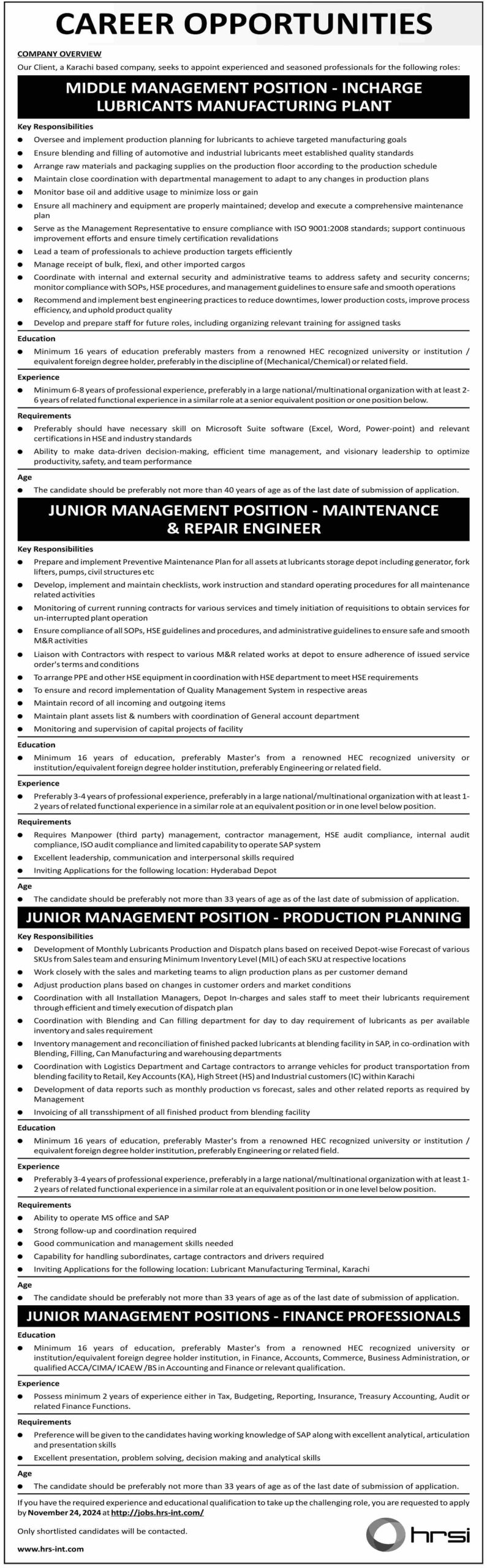 HRSI is Hiring for the Middle Management Jobs