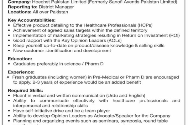 Hoechst Pakistan Looking for Pharma Associates in All Over the Pakistan